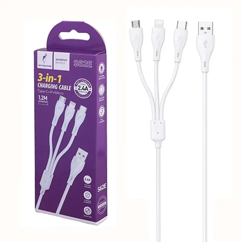 کابل شارژ فست 1.2 متری سه کاره Sky Dolphin مدل S62E - سفید - TCO
