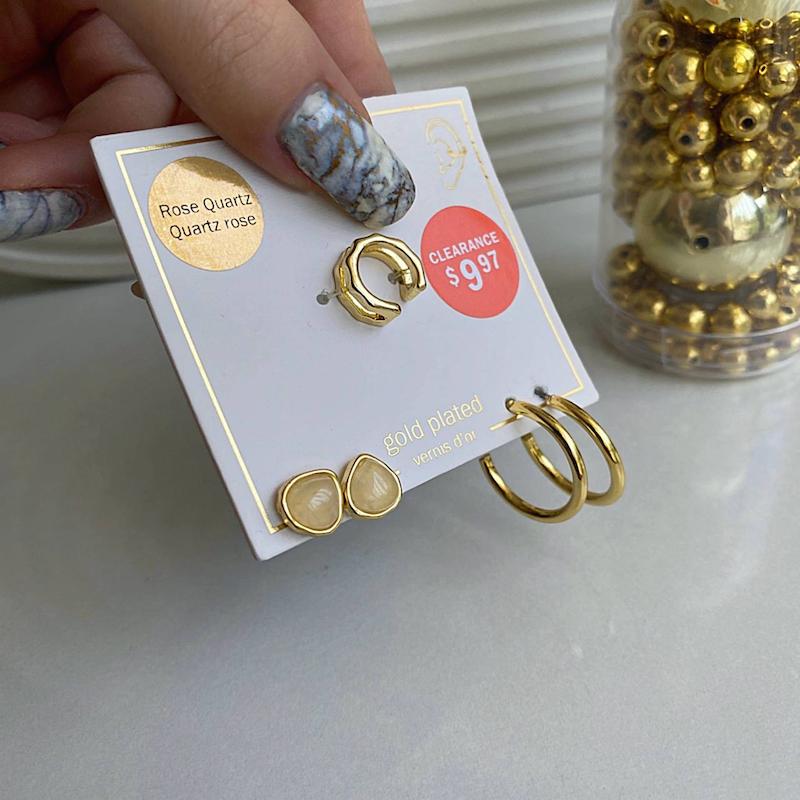 پک گوشواره و ایرکاف روکش طلا با سنگ کوارتز اصل