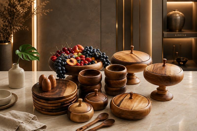 چیدمان میز پذیرایی با سرویس ۲۳ پارچه ظروف چوبی دست ساز