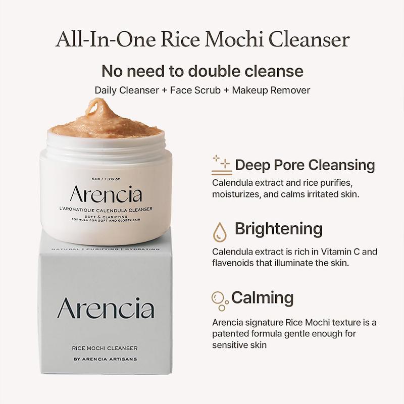 شوینده صورت موچی آرنسیا مدل برنج و کالاندولا – مخصوص پوست خشک و حساس Arencia Rice Mucin Cleanser / Rice & Calendula Mochi Cleanser