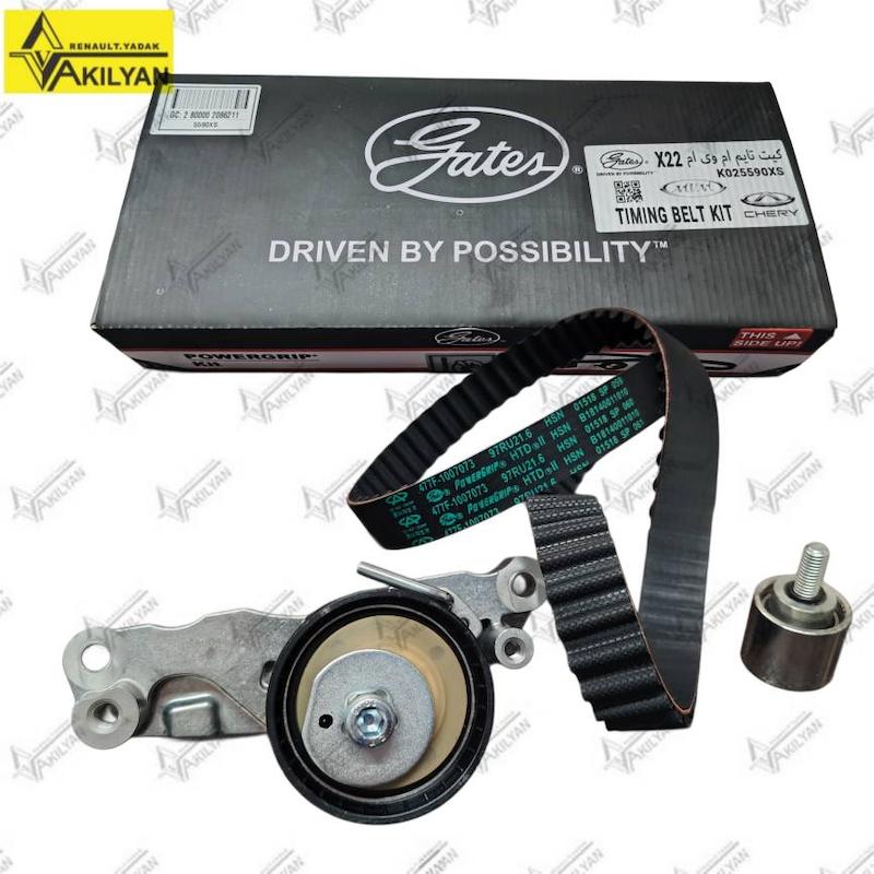 بسته‌بندی کیت تسمه تایم پاورگریپ گیتس MVM X22 با کد K025590XS مجموعه رولر پایه‌دار و رولر جداگانه کیت تسمه تایم پاورگریپ MVM X22 نمای روی جعبه کیت تایم گیتس MVM X22 با لیبل K025590XS تسمه تایم پاورگریپ MVM X22 با چاپ 97RU21.6 و 4TFF-1007073 مجموعه تسمه و رولرهای کیت تسمه تایم گیتس پاورگریپ MVM X22