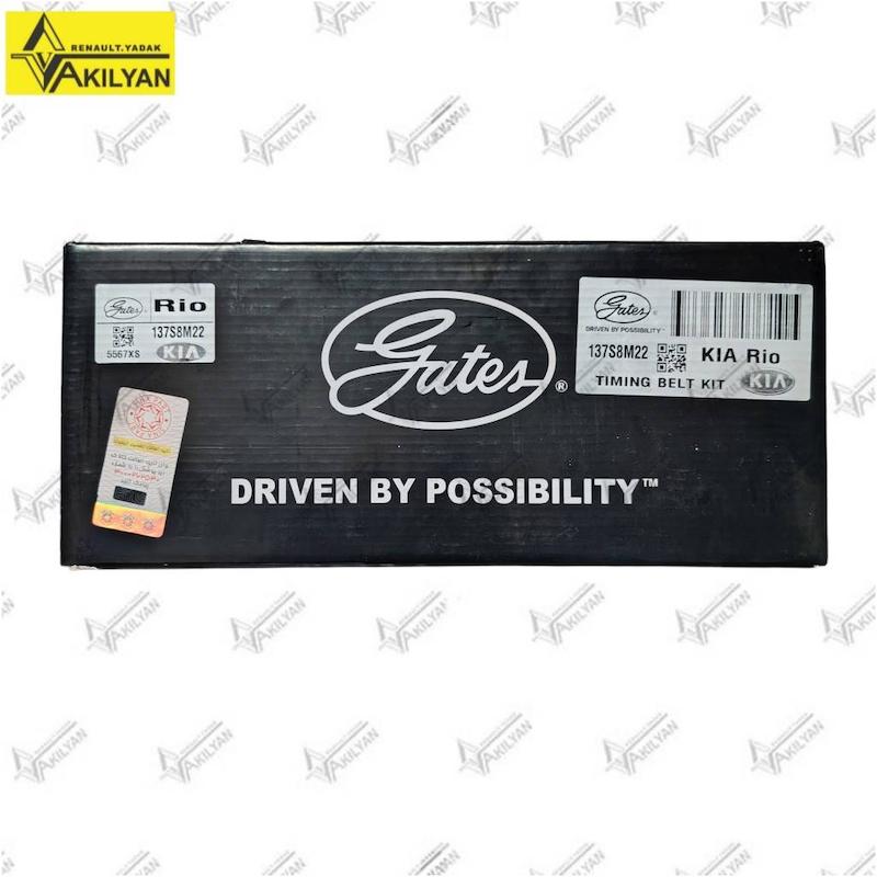 تسمه تایم Gates PowerGrip کیا ریو با کد 5567XS و مشخصات 137×22 میلی‌متر کیت تسمه تایم پاورگریپ کیا ریو شامل تسمه و دو رولر تایم بسته‌بندی Gates کیت تسمه تایم کیا ریو با مشخصات 137S8M22 و کد 5567XS نمای کناری جعبه کیت تسمه تایم Gates کیا ریو با کد K025567XS دو رولر تایم Gates داخل کیت تسمه تایم پاورگریپ کیا ریو