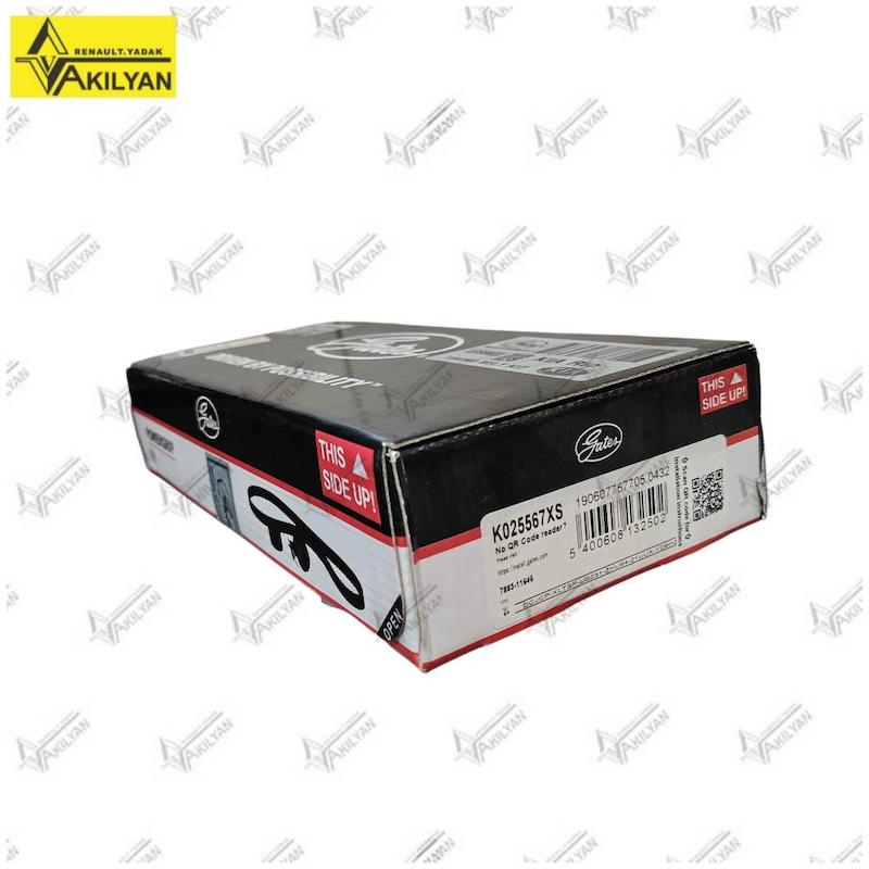 تسمه تایم Gates PowerGrip کیا ریو با کد 5567XS و مشخصات 137×22 میلی‌متر کیت تسمه تایم پاورگریپ کیا ریو شامل تسمه و دو رولر تایم بسته‌بندی Gates کیت تسمه تایم کیا ریو با مشخصات 137S8M22 و کد 5567XS نمای کناری جعبه کیت تسمه تایم Gates کیا ریو با کد K025567XS دو رولر تایم Gates داخل کیت تسمه تایم پاورگریپ کیا ریو