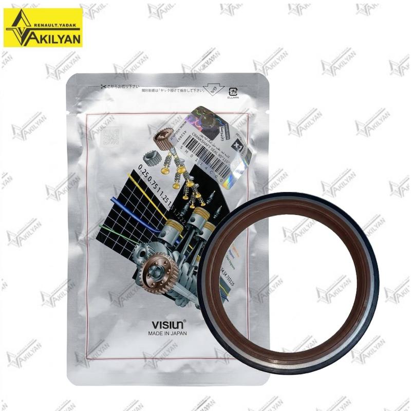 کاسه نمد عقب میل لنگ لبه پهن ویژن با بسته‌بندی و لیبل CRANKSHAFT SEAL کاسه نمد عقب میل لنگ لبه پهن ویژن نمای روبه‌رو کاسه نمد عقب میل لنگ ویژن در کنار بسته‌بندی ساخت ژاپن نمای پشت کاسه نمد عقب میل لنگ لبه پهن ویژن با فنر آب‌بندی