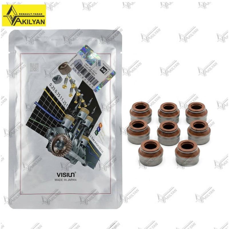 لاستیک ساق سوپاپ VISIUN ژاپن پژو ۴۰۵ XU7 با بسته‌بندی ۸ عددی نمای نزدیک لاستیک ساق سوپاپ VISIUN با حک JAPAN و حلقه فنری ست ۸ عددی لاستیک ساق سوپاپ VISIUN مناسب پژو ۴۰۵ XU7 بسته‌بندی VISIUN ژاپن در کنار ۸ عدد لاستیک ساق سوپاپ پژو ۴۰۵
