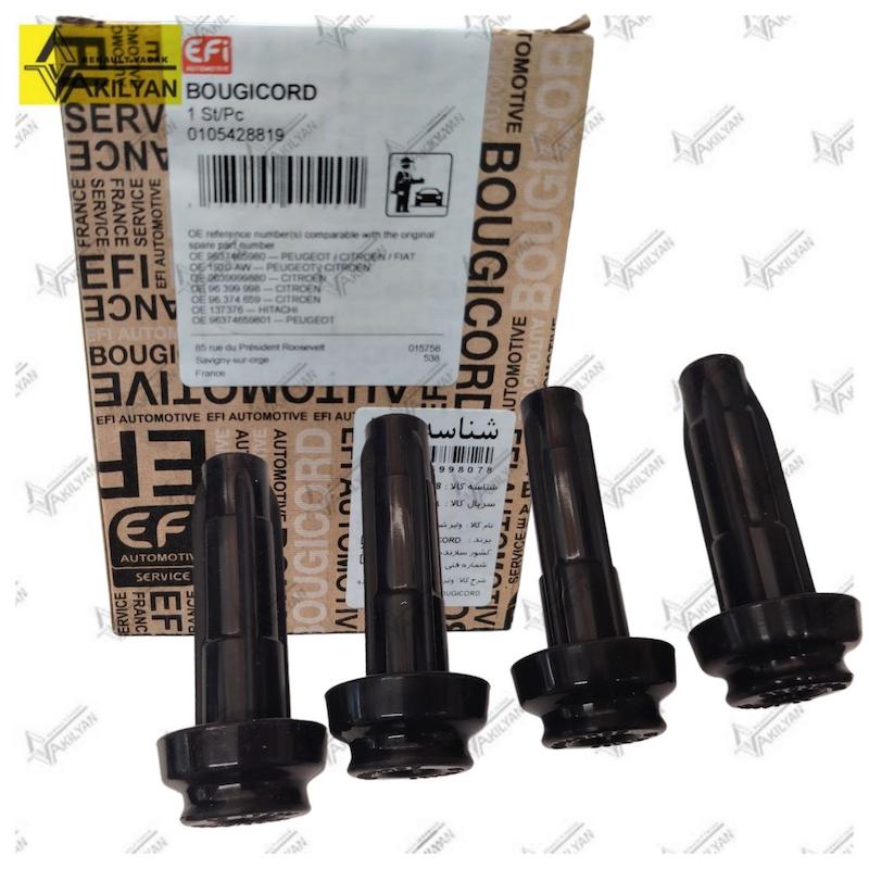وایر شمع پژو ۲۰۶ TU3 بوجیکورد با بسته‌بندی EFI Automotive بسته‌بندی وایر شمع بوجیکورد پژو ۲۰۶ TU3 با کد فنی 173125 چهار عدد بوت وایر شمع پژو ۲۰۶ تیپ ۲ و ۳ TU3 بوجیکورد وایر شمع بوجیکورد پژو ۲۰۶ TU3 در کنار جعبه محصول نمای نزدیک سر بوت وایر بوجیکورد و اتصال فنری داخلی