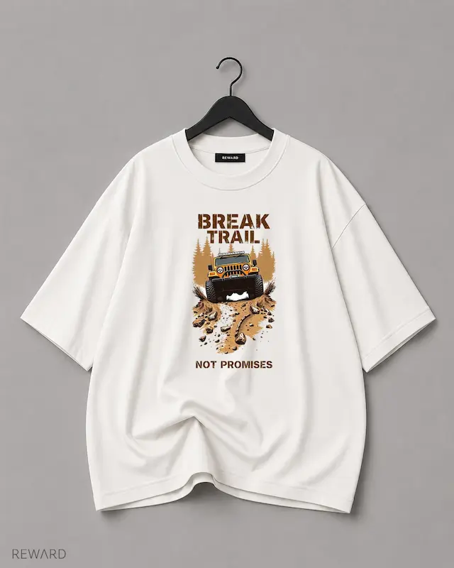 تیشرت سفید گرم بالا ریوارد با طرح Break Trail، ماشین و جاده، مناسب استایل کژوال