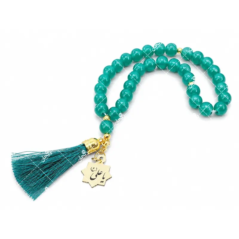 تسبیح یاقوتی سبز ۳۳ تایی یا علی (ع) | هدیه عید غدیر