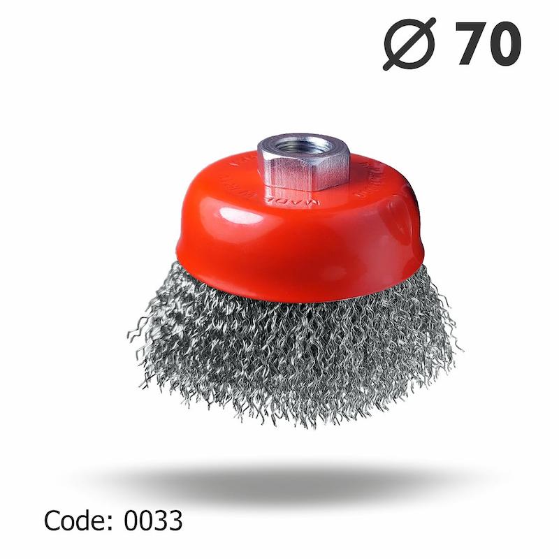 برس کاسه ای بدون طوقه افشان 70 یال 28 مرکز مهره سایز 14×2 mm