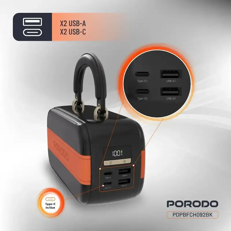 پاوربانک ۶۰۰۰۰ میلی‌آمپر ساعت ۱۰۰ وات پرودو مدل Porodo Sway PDPBFCH092