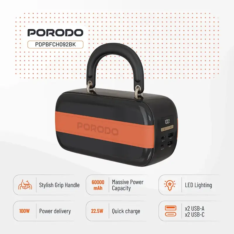 پاوربانک ۶۰۰۰۰ میلی‌آمپر ساعت ۱۰۰ وات پرودو مدل Porodo Sway PDPBFCH092