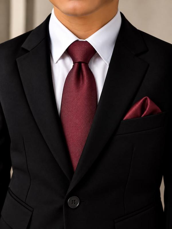 ست کراوات و دستمال جیب زرشکی ساتن براق روی کت و شلوار مشکی و پیراهن سفید   