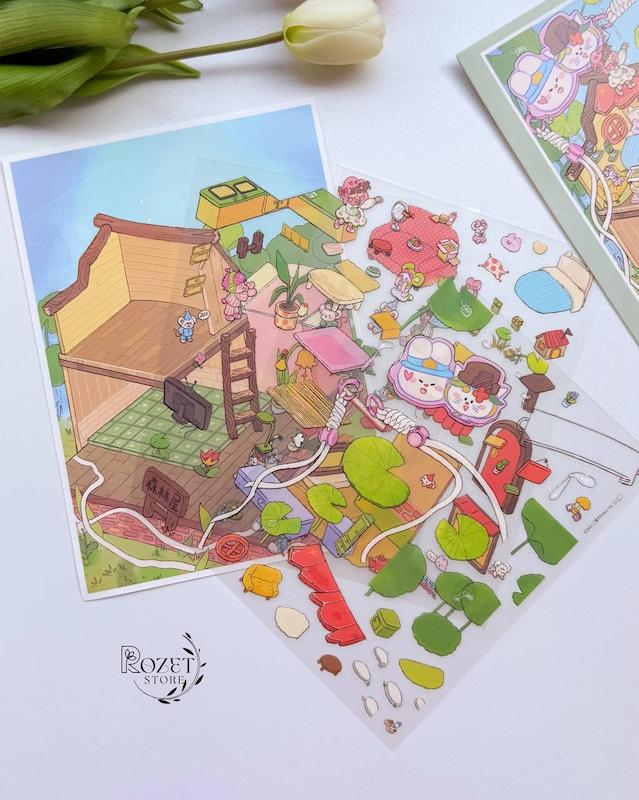 استیکر ۳ بعدی کلبه چاپگر و کابین جمع آوری کارت(۳ ورق استیکر و ۱ کارت صحنه)