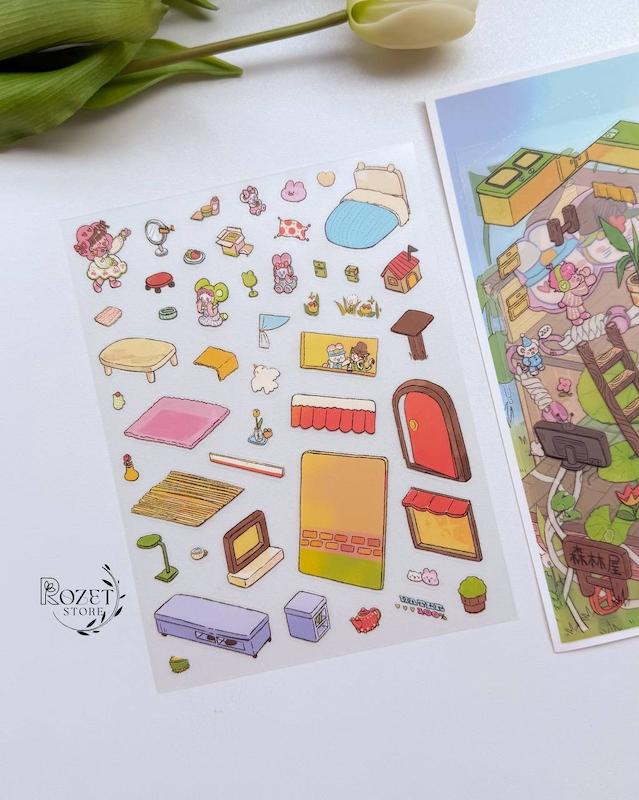 استیکر ۳ بعدی کلبه چاپگر و کابین جمع آوری کارت(۳ ورق استیکر و ۱ کارت صحنه)