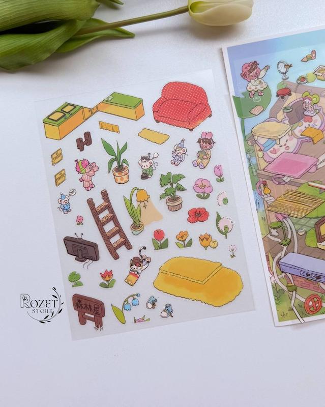 استیکر ۳ بعدی کلبه چاپگر و کابین جمع آوری کارت(۳ ورق استیکر و ۱ کارت صحنه)