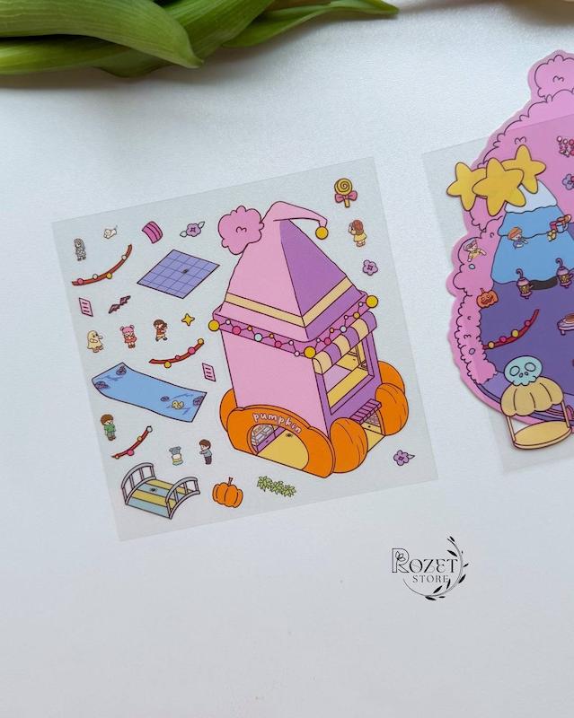 استیکر ۳ بعدی تعطیلات رویایی،بازی خانه کدو تنبل و رستوران پشمکی(۲ ورق استیکر و ۱ کارت صحنه)