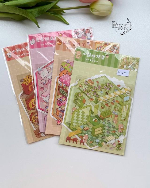 استیکر ۳ بعدی خرس، گربه، خرگوش و پاپی (۲ ورق استیکر و ۱ کارت صحنه)