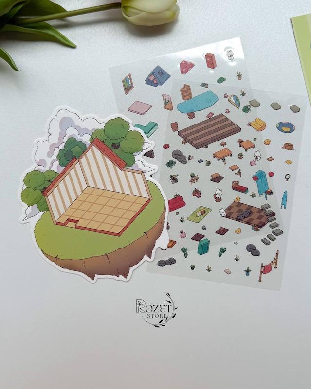 استیکر ۳ بعدی قهوه، دوربین، خانه درختی و گرامافون (۲ ورق استیکر و ۱ کارت صحنه)