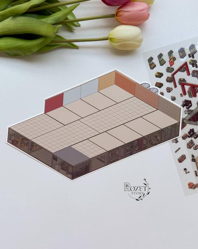 استیکر ۳ بعدی دنیای مینیاتوری سوپرمارکت ( ۲ ورق استیکر و ۱ کارت صحنه )