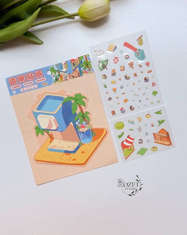 استیکر ۳ بعدی خرس ، پنگوئن و خوک ( ۲ ورق استیکر و ۱ کارت صحنه )