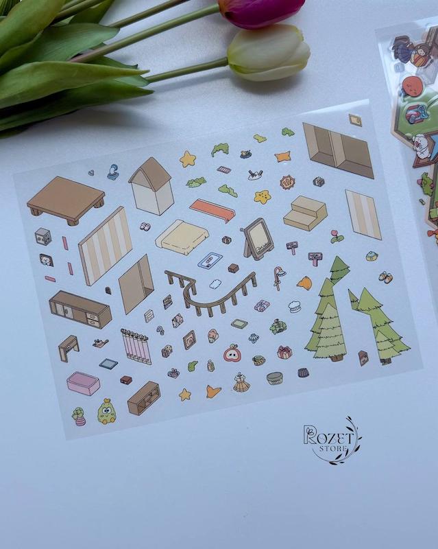 استیکر ۳ بعدی مهمانی دخترانه و ویلای گربه ها( ۳ ورق استیکر و ۱ کارت صحنه)