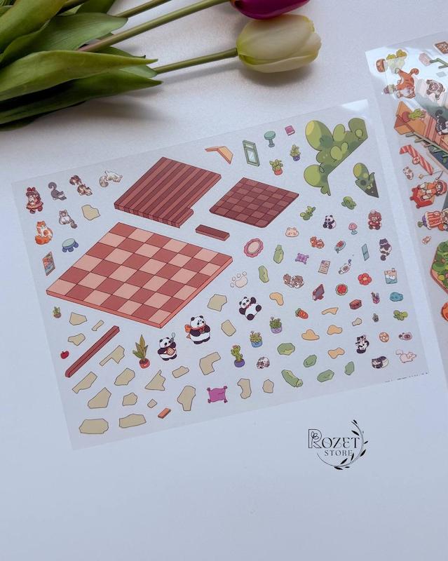استیکر ۳ بعدی مهمانی دخترانه و ویلای گربه ها( ۳ ورق استیکر و ۱ کارت صحنه)