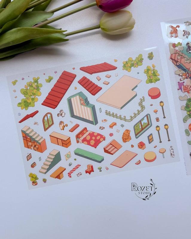 استیکر ۳ بعدی مهمانی دخترانه و ویلای گربه ها( ۳ ورق استیکر و ۱ کارت صحنه)