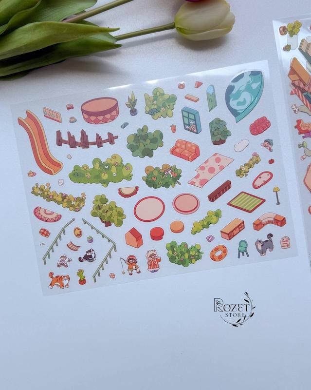 استیکر ۳ بعدی مهمانی دخترانه و ویلای گربه ها( ۳ ورق استیکر و ۱ کارت صحنه)