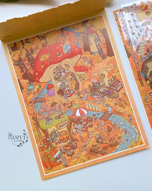 استیکر ۳ بعدی بازار قارچ و چشمه آب گرم( ۲ ورق استیکر و ۱ کارت صحنه دورو)