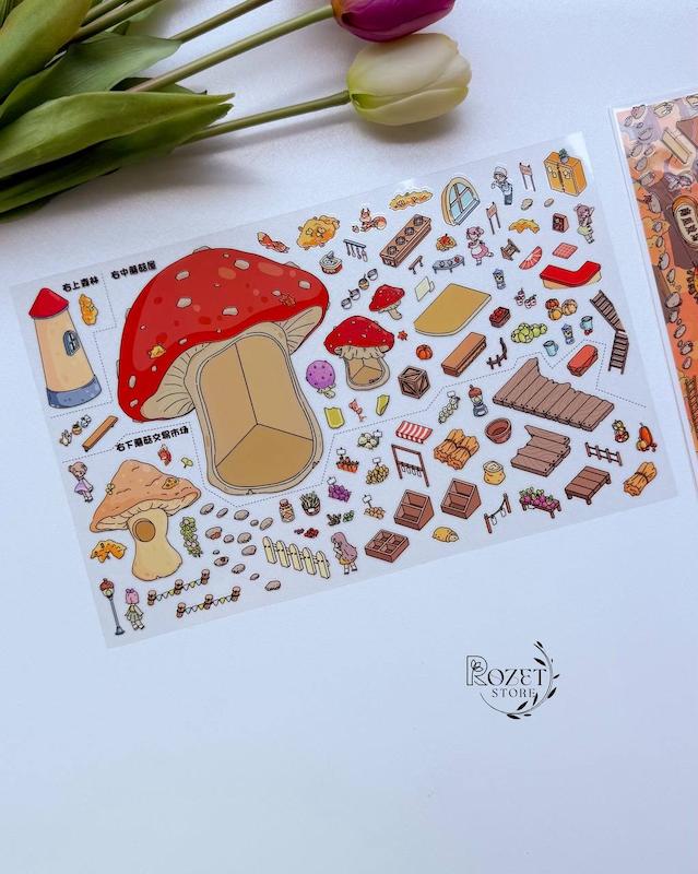 استیکر ۳ بعدی بازار قارچ و چشمه آب گرم( ۲ ورق استیکر و ۱ کارت صحنه دورو)