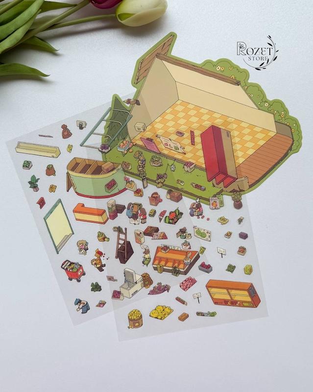 استیکر ۳ بعدی گیاهان خانگی و سوپرمارکت میوه(۲ ورق استیکر و ۱ کارت صحنه)