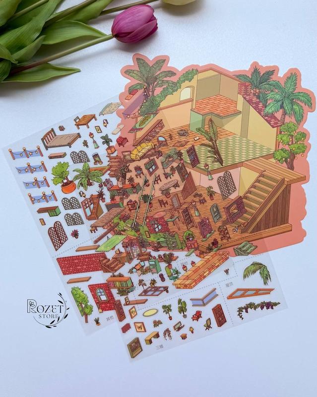 استیکر ۳ بعدی کلبه و قلعه ( ۲ ورق استیکر و ۱ کارت صحنه )