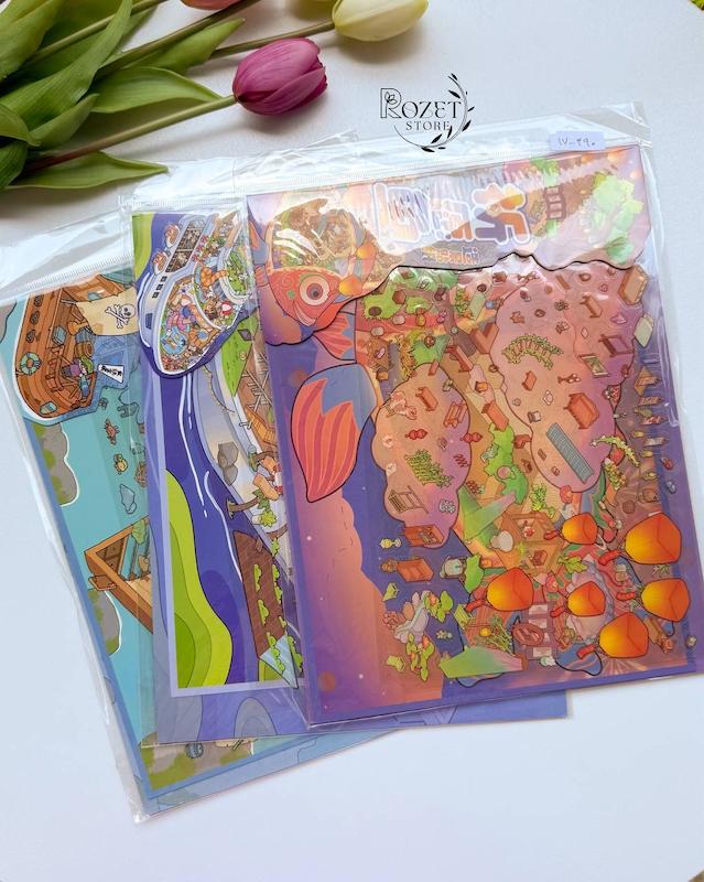 استیکر ۳ بعدی ماهی، گربه و جزیره گنج(۲ ورق استیکر و ۱ کارت صحنه)