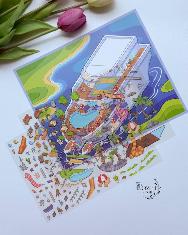 استیکر ۳ بعدی ماهی، گربه و جزیره گنج(۲ ورق استیکر و ۱ کارت صحنه)
