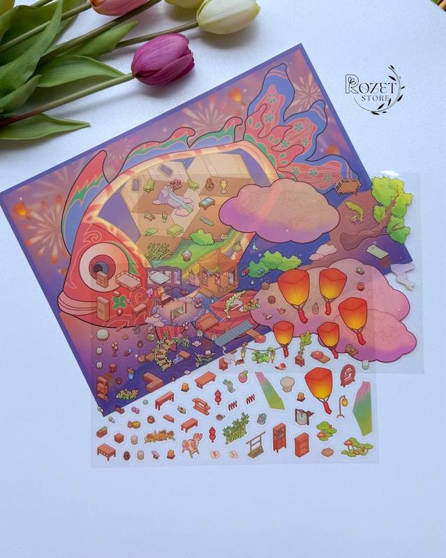استیکر ۳ بعدی ماهی، گربه و جزیره گنج(۲ ورق استیکر و ۱ کارت صحنه)