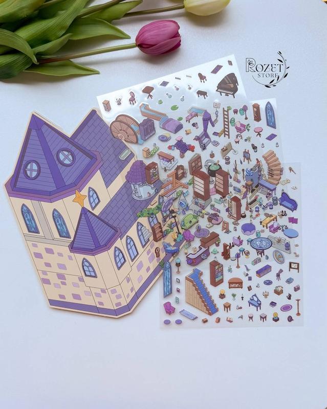 استیکر ۳ بعدی قلعه جادوگر و آرکید ( ۳ ورق استیکر و ۱ کارت صحنه دولایه تاشو)