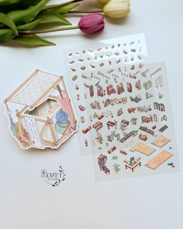 استیکر ۳ بعدی سایت بامبو و نیلوفر آبی ( ۲ ورق استیکر و ۱ کارت صحنه تاشو )