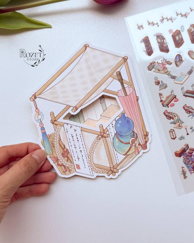 استیکر ۳ بعدی سایت بامبو و نیلوفر آبی ( ۲ ورق استیکر و ۱ کارت صحنه تاشو )