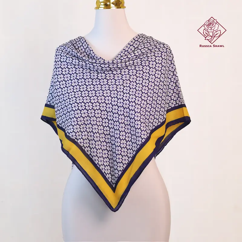 روسری نخی ابریشم مجلسی گلدار حاشیه دار زرد ابی سفید 