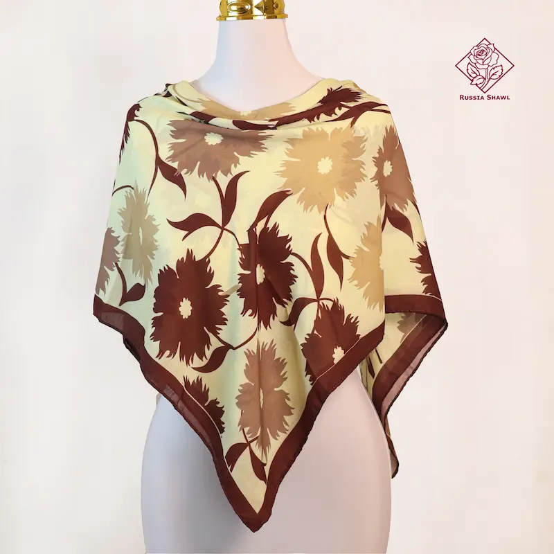 روسری نخی ابریشم مجلسی و روزمره خنک بهاره و تابستانی گلدار حاشیه دار کرم قهوه ای 