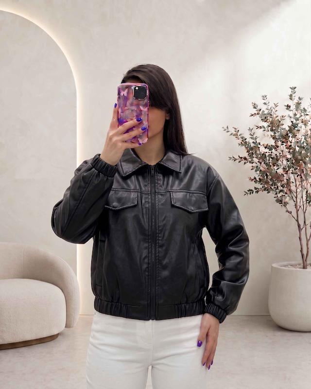 کاپشن چرم زنانه کوتاه آستردار 