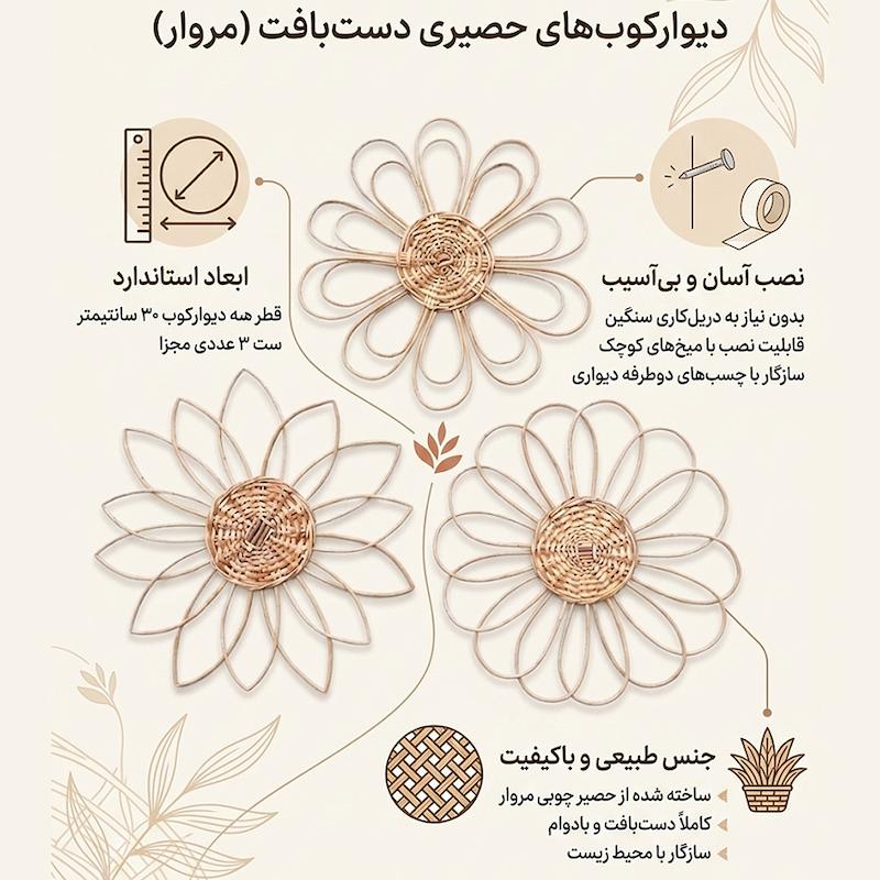 دیوارکوب حصیر چوبی مدل گل و بوته سبک بوهو
