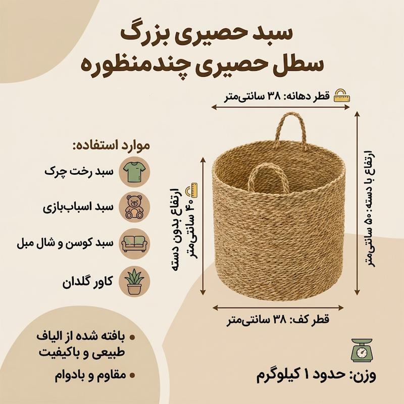 سبد حصیری مدل استوانه سایز بزرگ