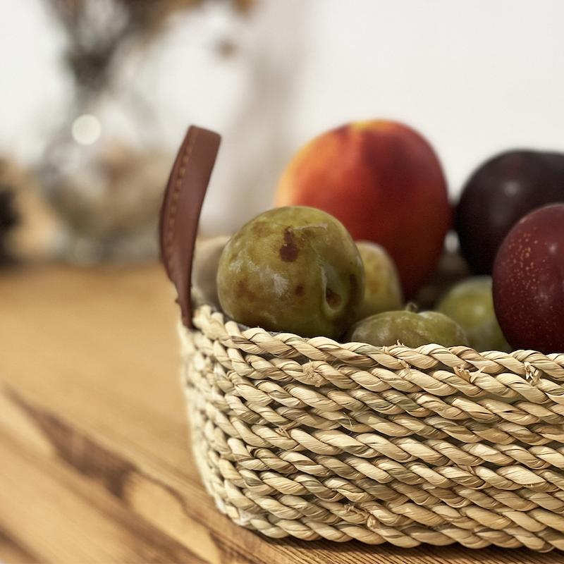 سبد حصیری مستطیلی مدل دسته چرمی