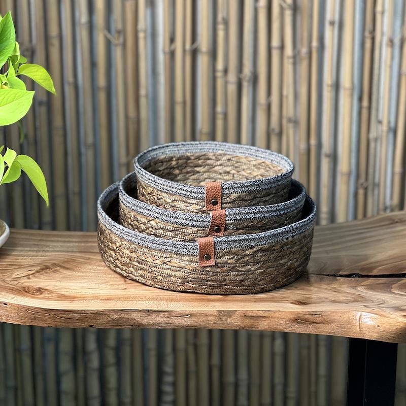 سبد گرد قهوه ای حصیری قیطان دوزی پک سه عددی