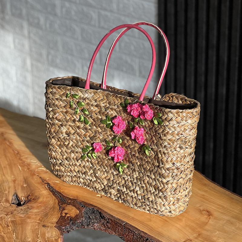 زنبیل حصیری مدل شکوفه بهاری