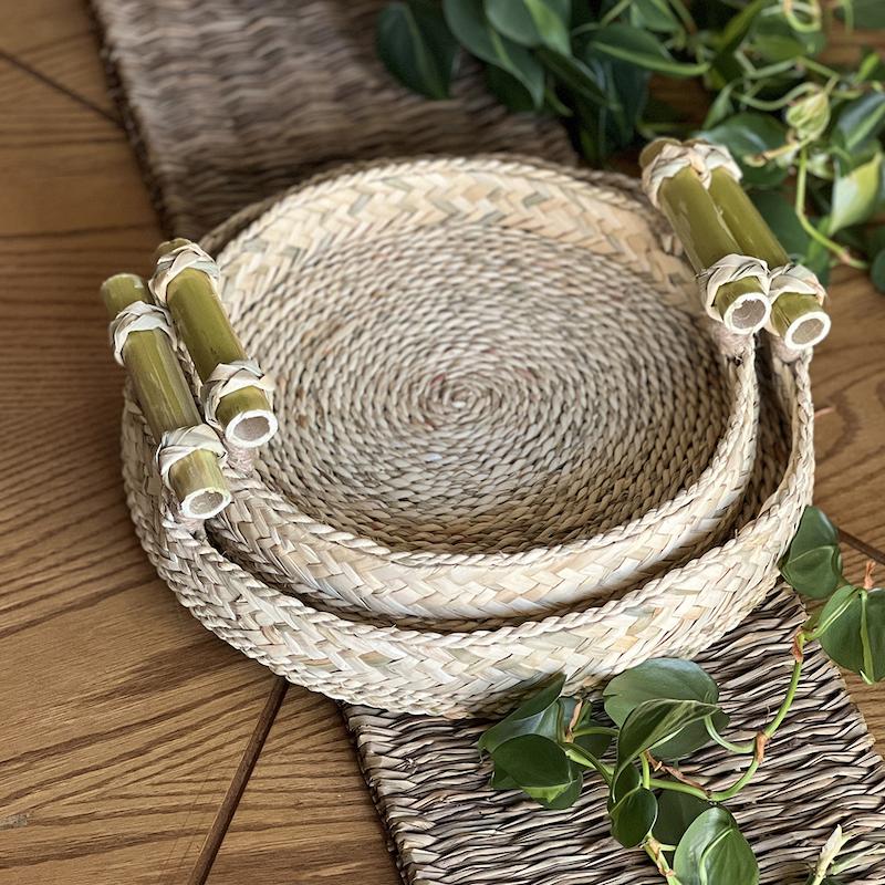 سینی گرد حصیری دسته بامبو