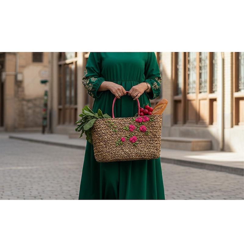 زنبیل حصیری مدل شکوفه بهاری