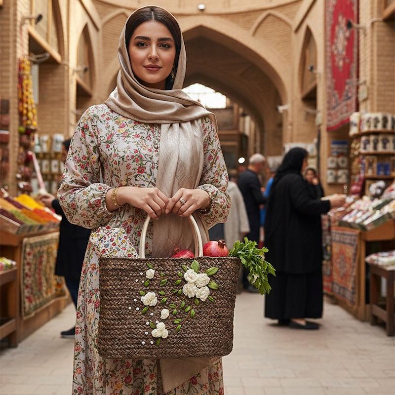 زنبیل حصیری مدل شکوفه بهاری