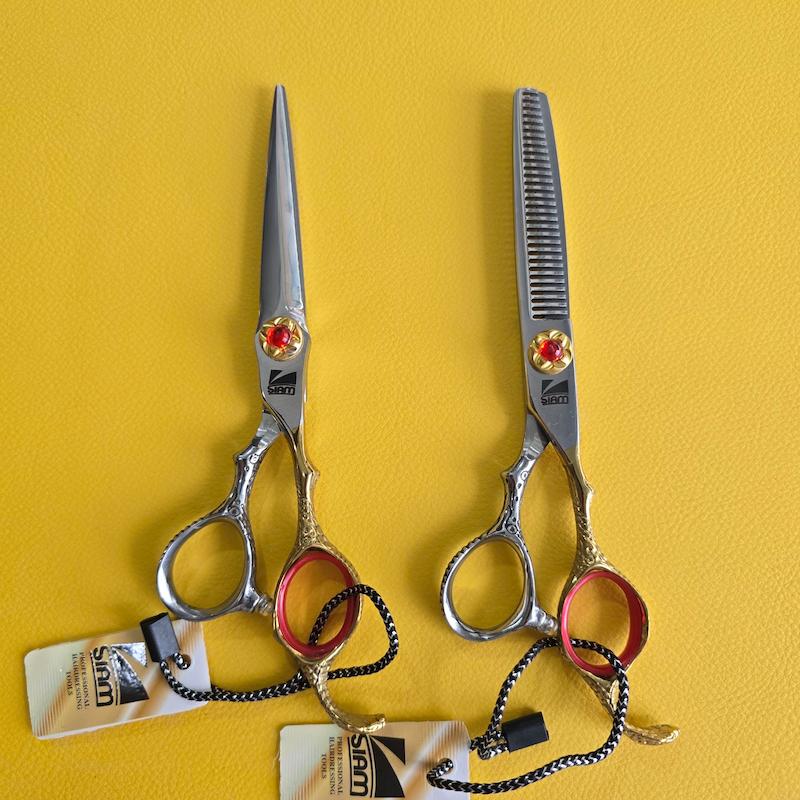 قیچی ست پریمیوم کد A-B60-8 فینی صیام دسته طلایی 6 اینچ شیاردار